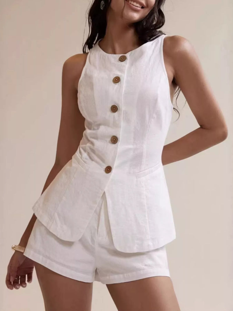 Button down sleeveless top and shorts set front view
