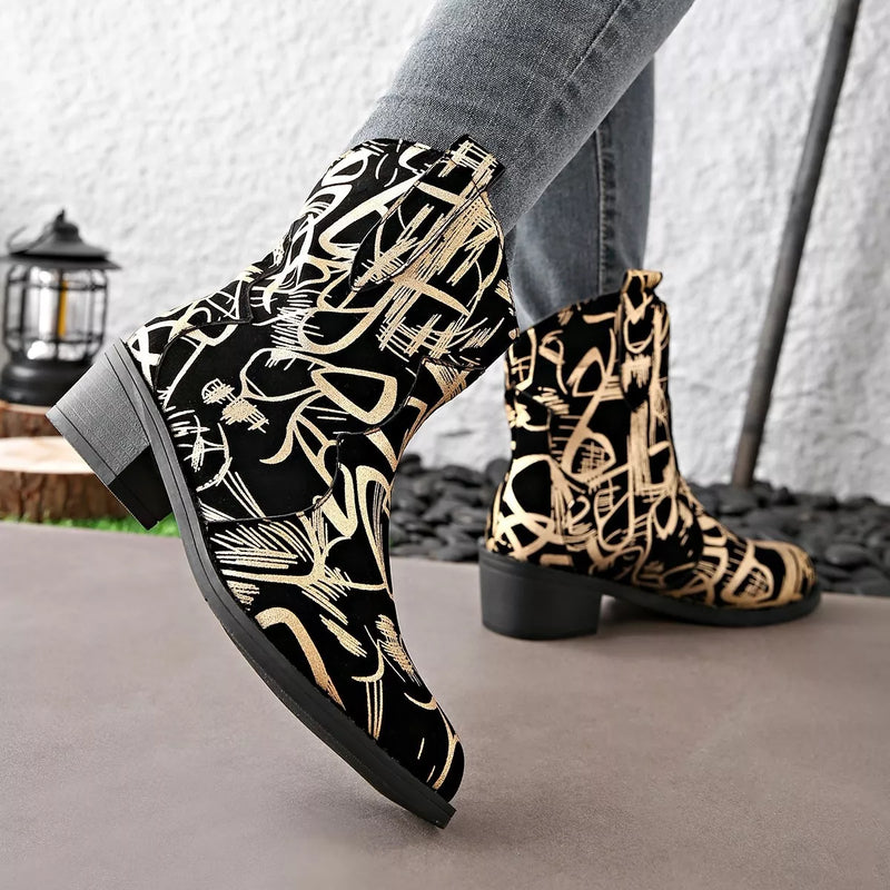 Black suede block heel boots front view