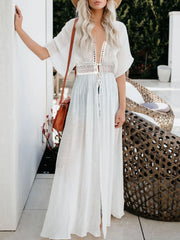 Lace Trim Plunging Beach Cover Up Maxi Dress Spot White - Fashorio
