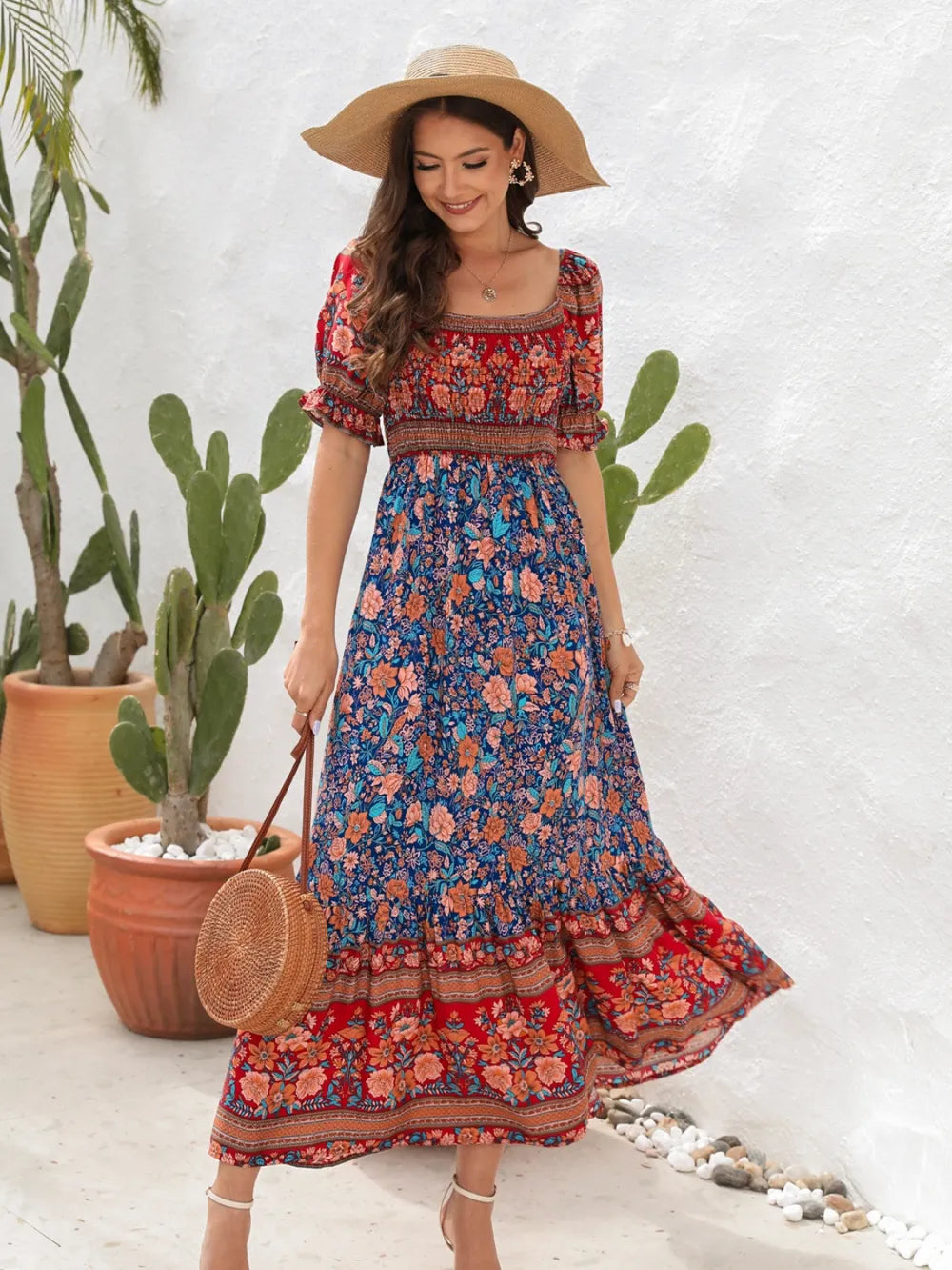 Floral rayon midi dress fabric detail