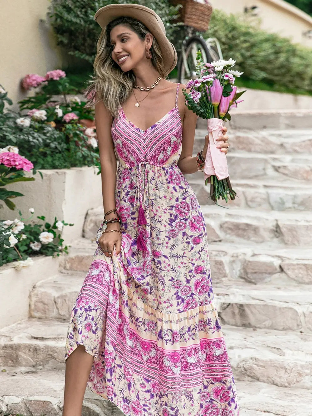 Pink tassel printed V neck maxi dress, side profile