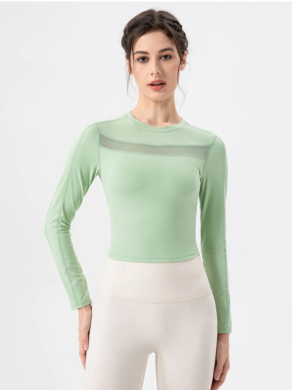 round neck long sleeve active tee on model styling