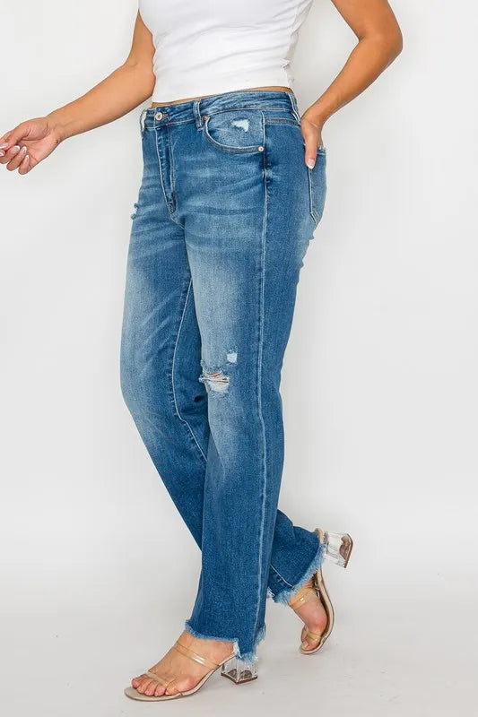 bytos Full Size Raw Hem Distressed Mid Rise Straight Jeans - Fashorio