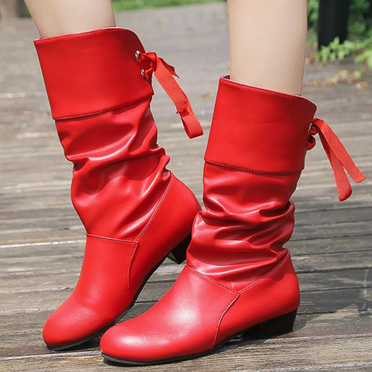 Round Toe Block Heel Boots pair styled together
