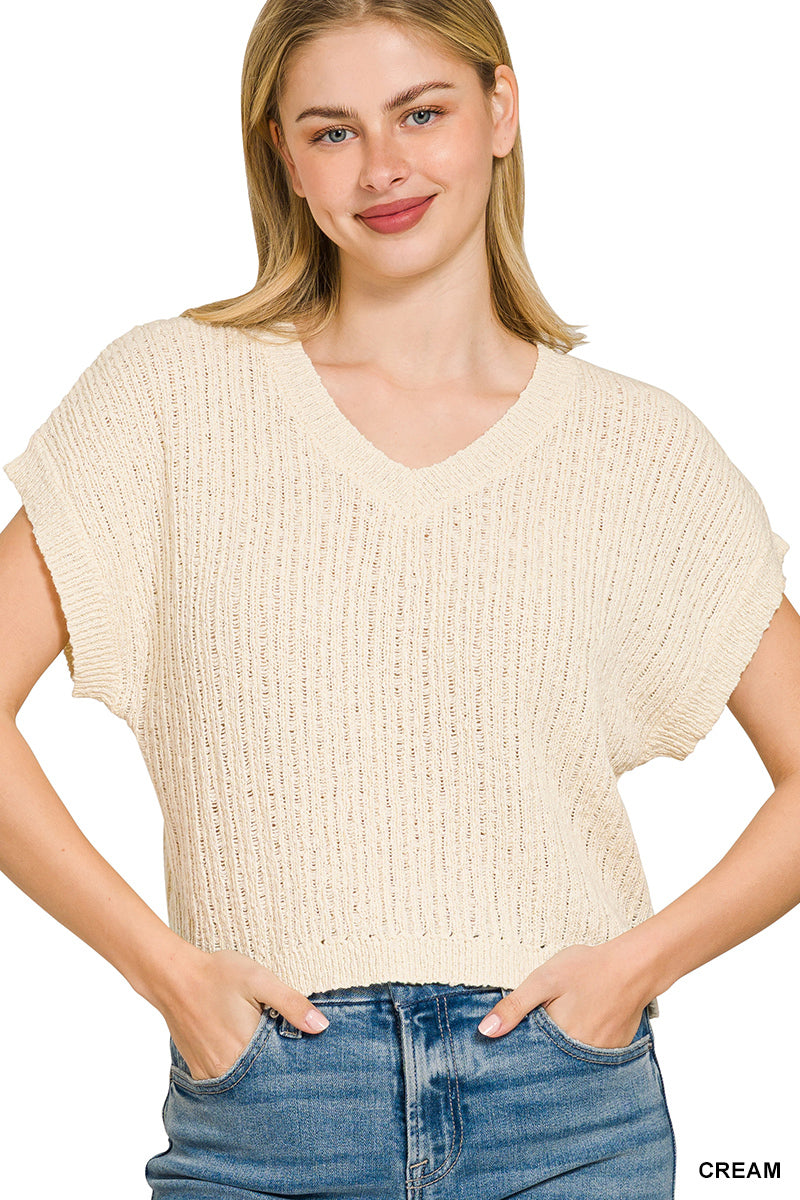 Cream cropped sweater vest front view