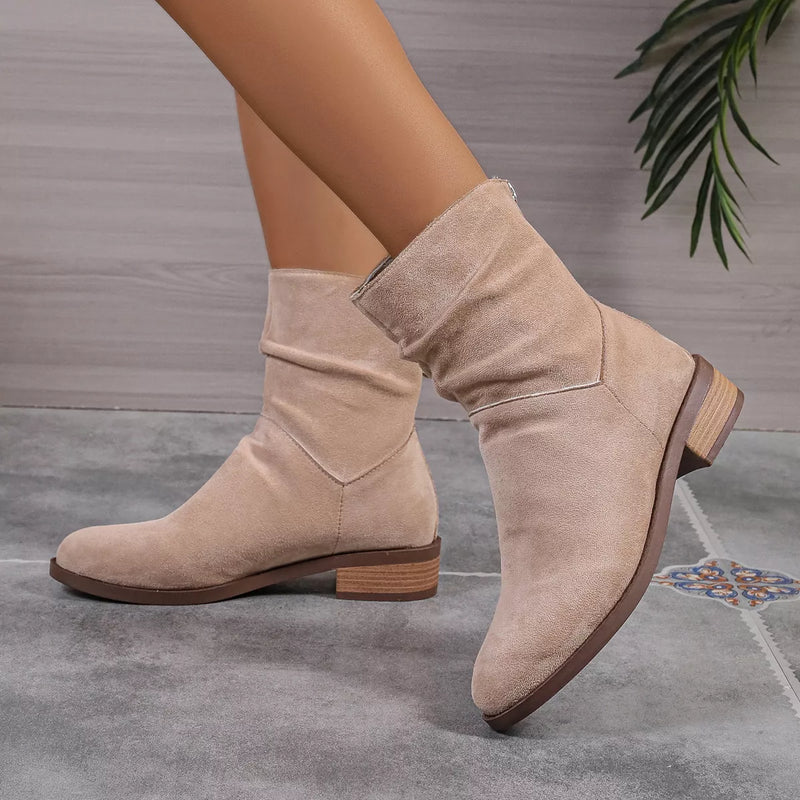 Suede Point Toe Block Heel Boots front view