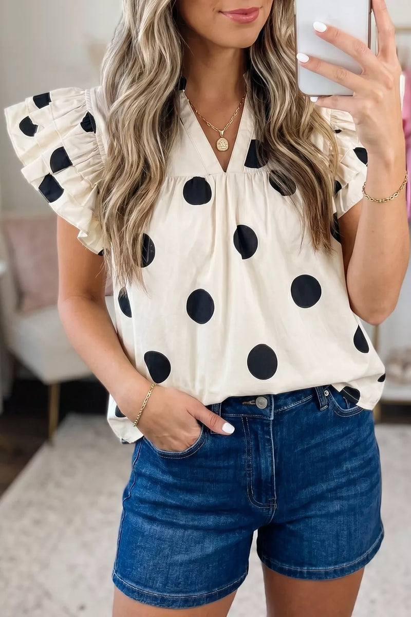 ivory polka dot v neck ruffle blouse front view