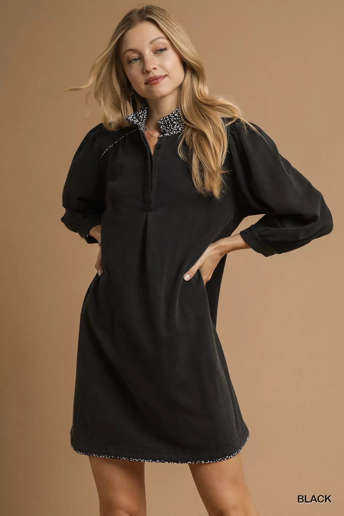 French Terry Balloon Sleeve Shift Dress in Black