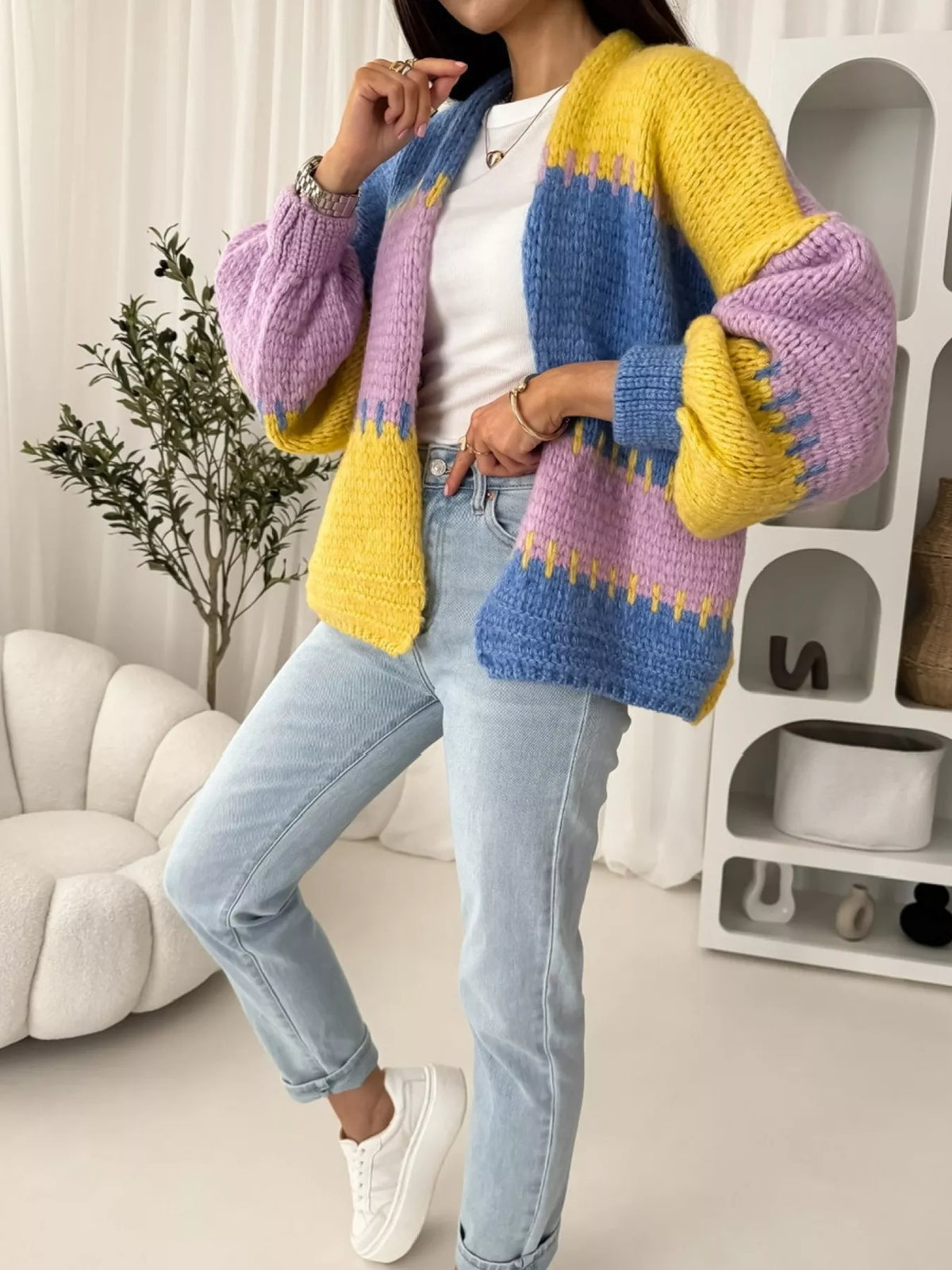 Color block open front cardigan open front drape