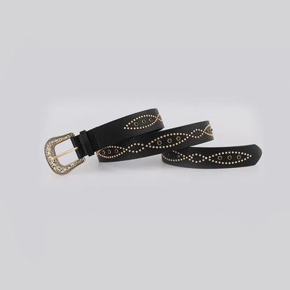 PU Leather Rhinestone Belt Black Gold - Fashorio