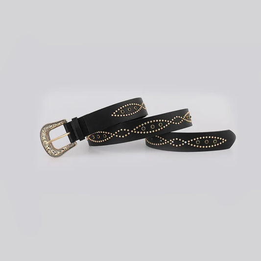 PU Leather Rhinestone Belt Black Gold - Fashorio