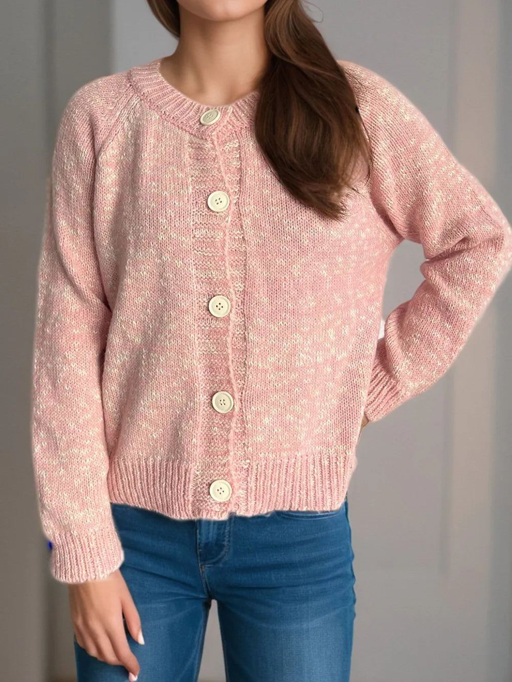 Heathered Button Down Long Sleeve Cardigan Blush Pink One Size - Fashorio