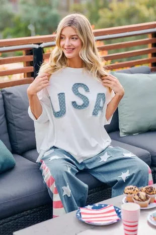 Ivory BiBi USA letter patchwork French terry top front view