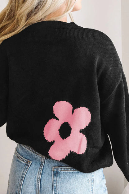 Round Neck Floral Pattern Color Contrast Design Long Sleeve Sweater - Fashorio