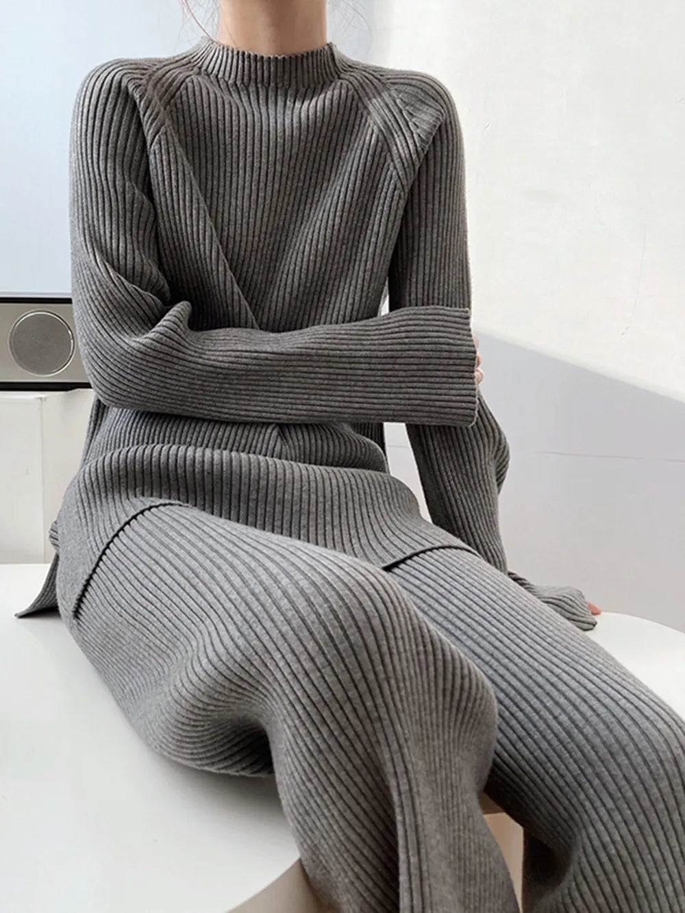 Mock Neck Raglan Sleeve Top and Pants Sweater Set - Fashorio