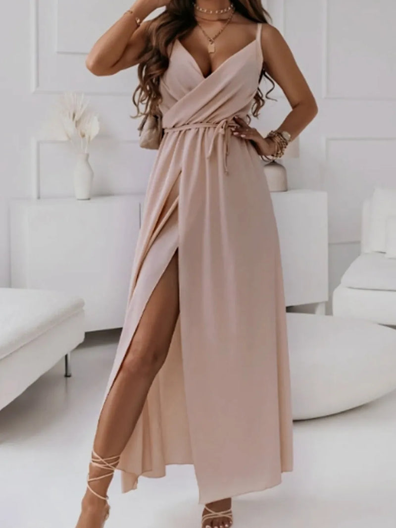 Pale blush surplice midi cami dress front view on model