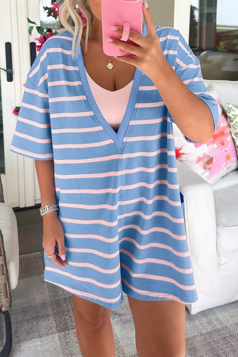 Light blue striped v neck half sleeve romper, front view