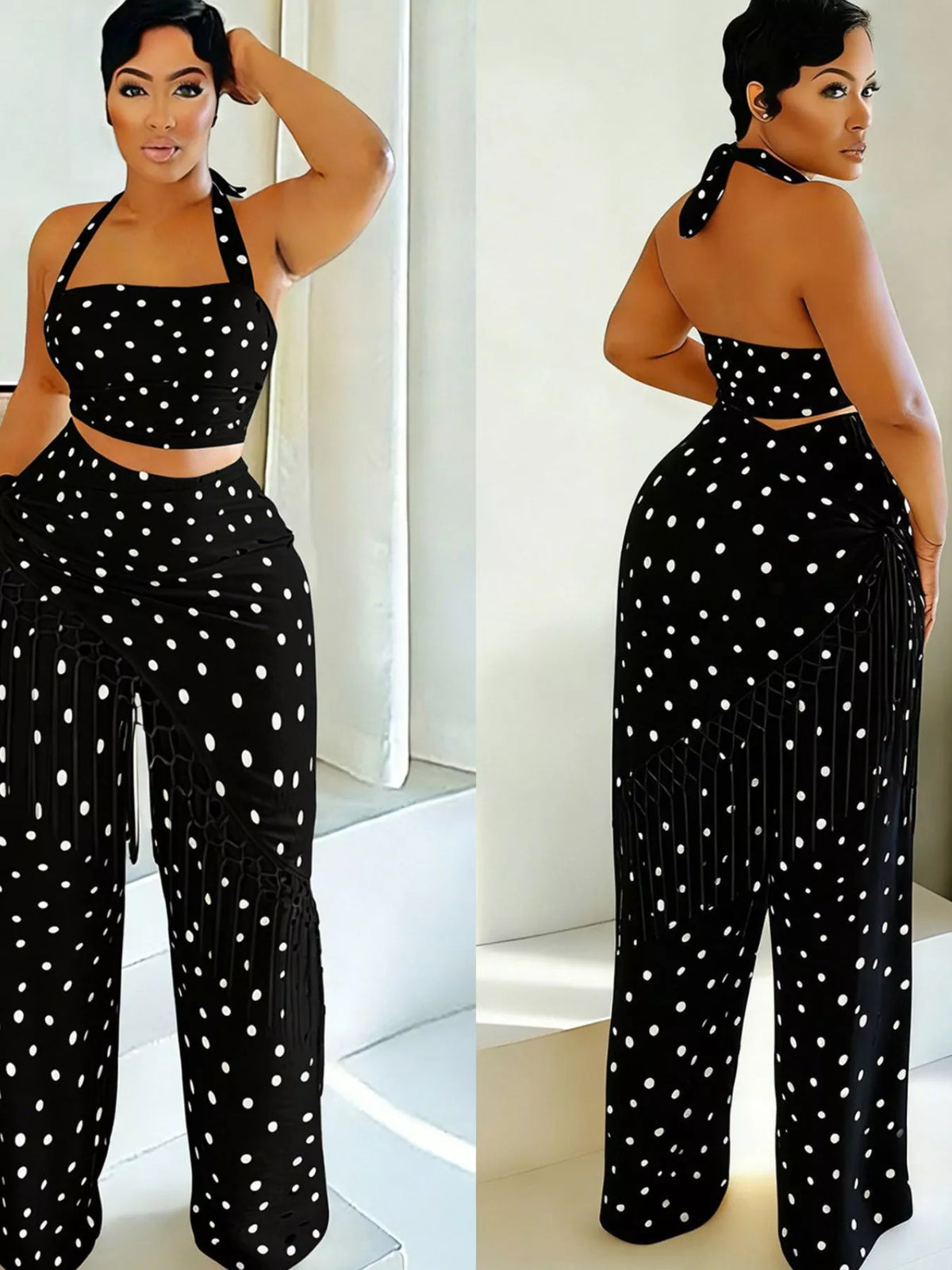 Polka Dot Halter Cami and Fringe Pants Set, view 11