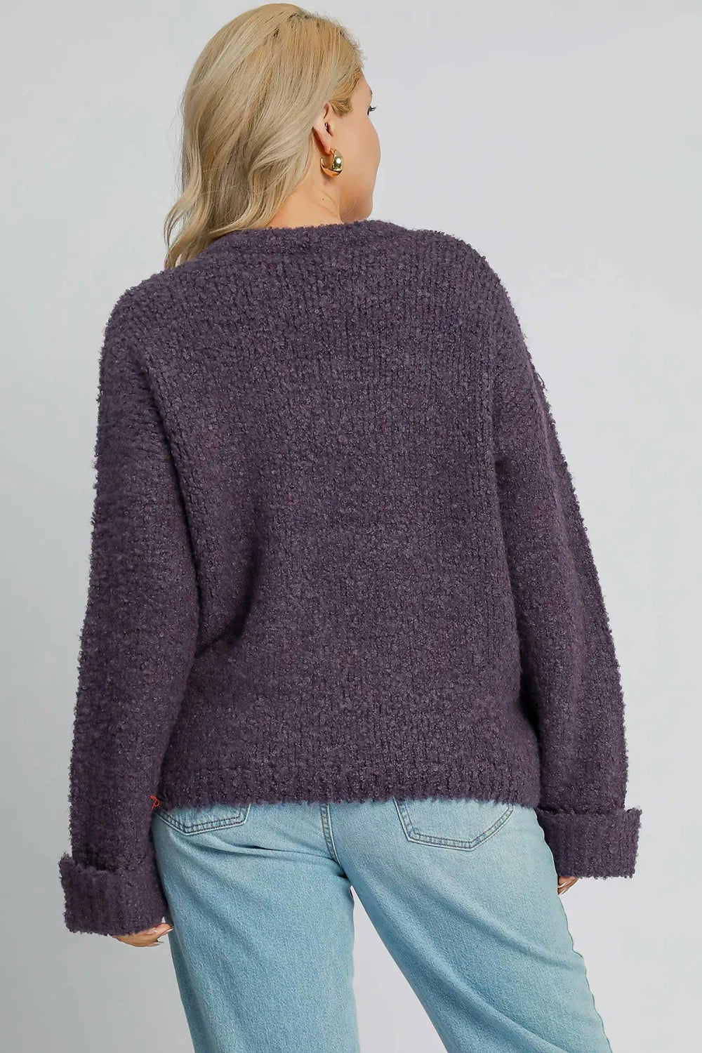 Round Neck Boucle Sweater Plus Size in Mauve styled look