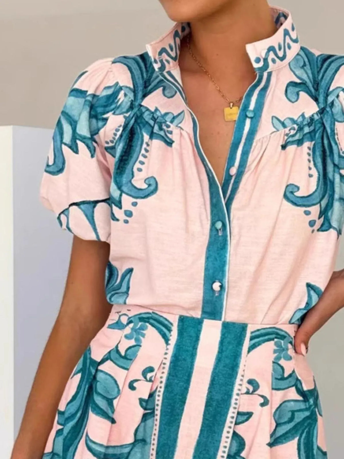 Printed Puff Sleeve Top and Skirt Set, view 9