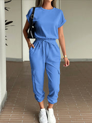 Round Neck Short Sleeve Top and Pants Set Blue - Fashorio