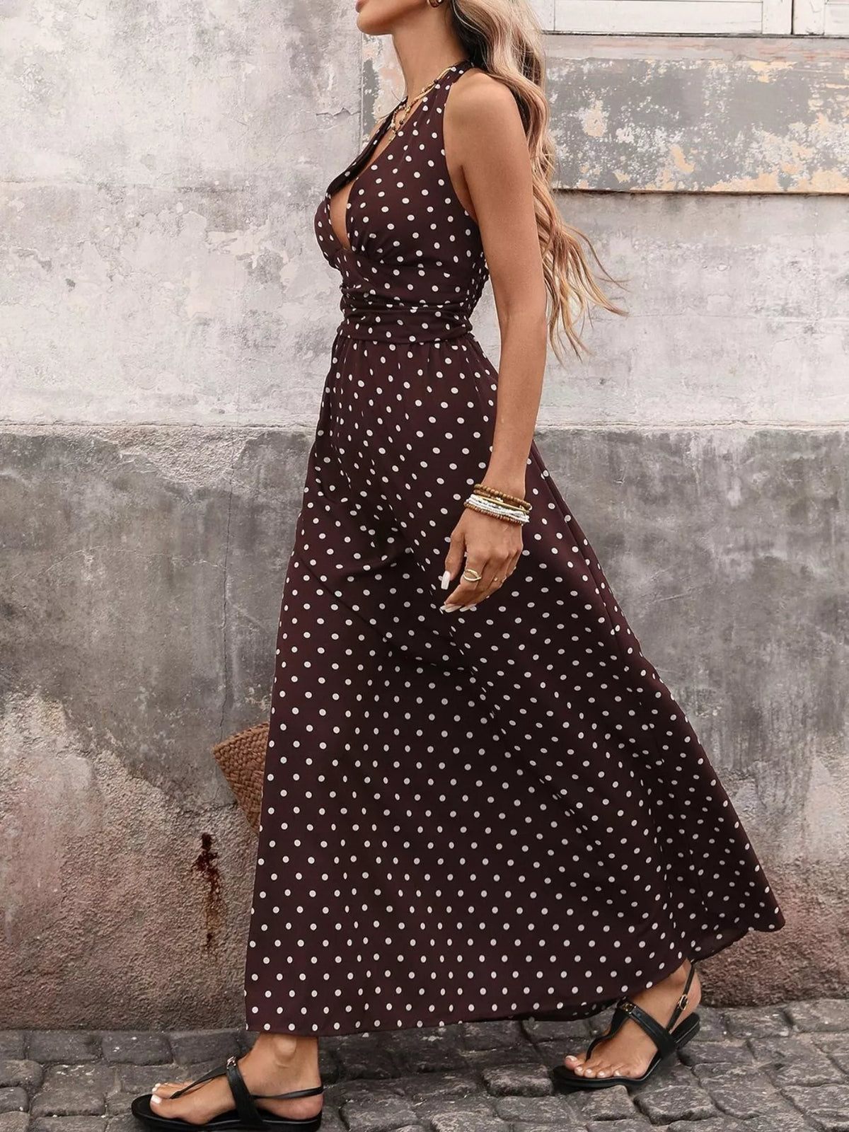 brown polka dot halter neck maxi dress full length view
