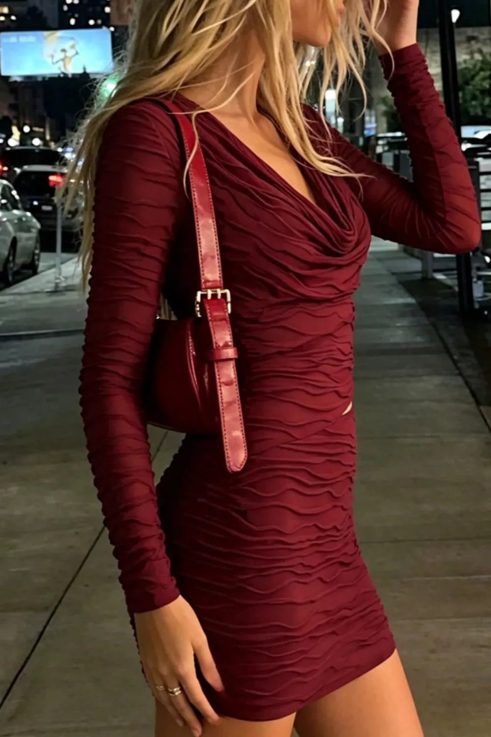 burgundy ruched cutout cowl neck long sleeve mini dress side view