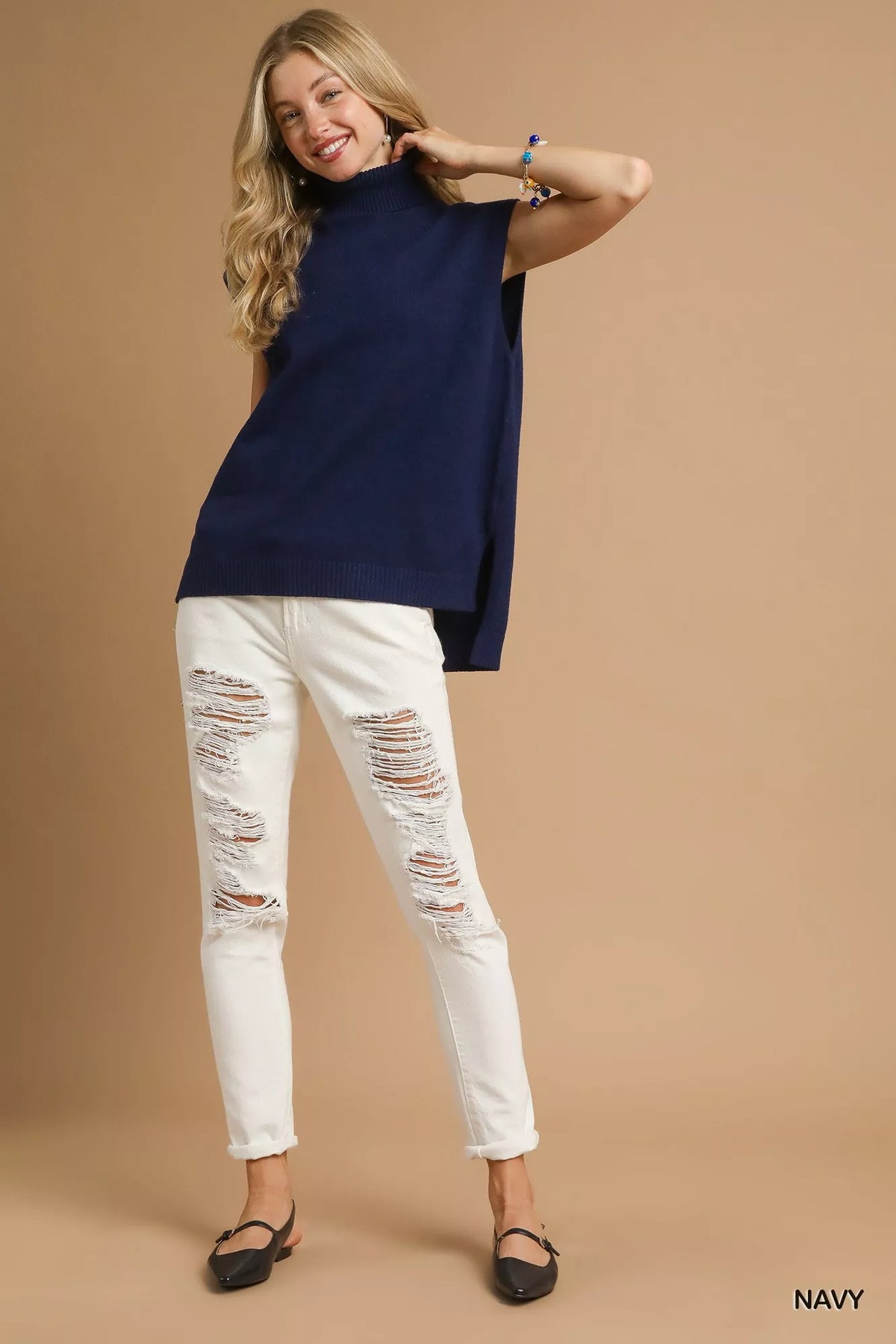 High Low Turtleneck Sleeveless Sweater Top in Navy side view