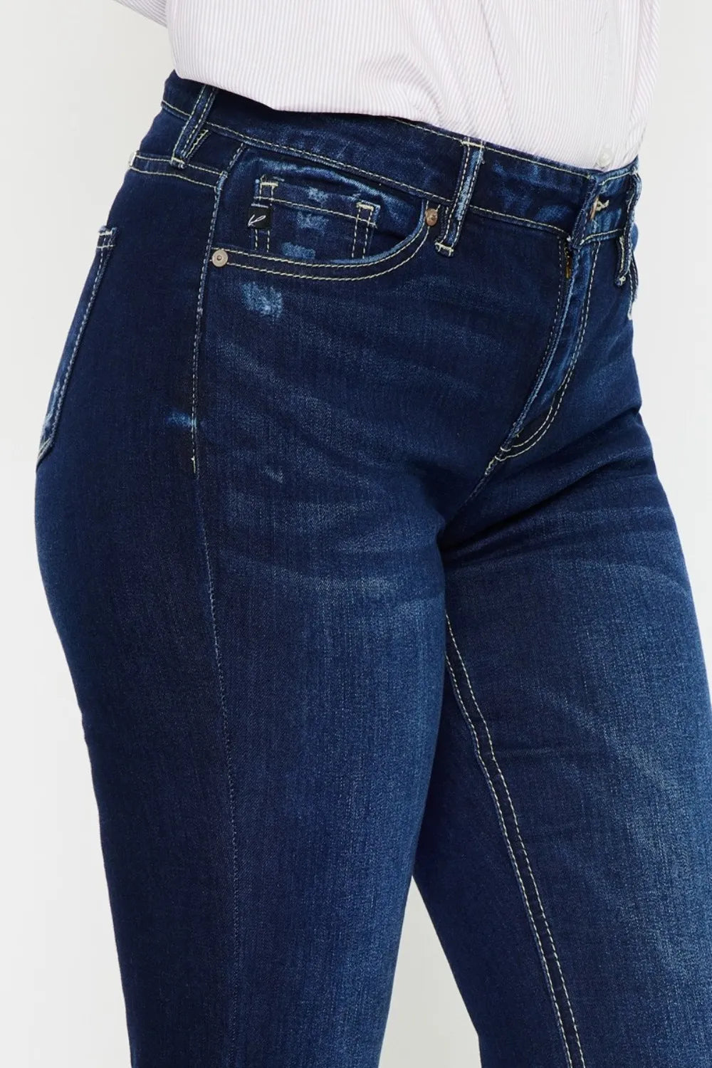 Kancan Mid Rise Slim Flare Jeans – Dark Stonewash Denim - Fashorio