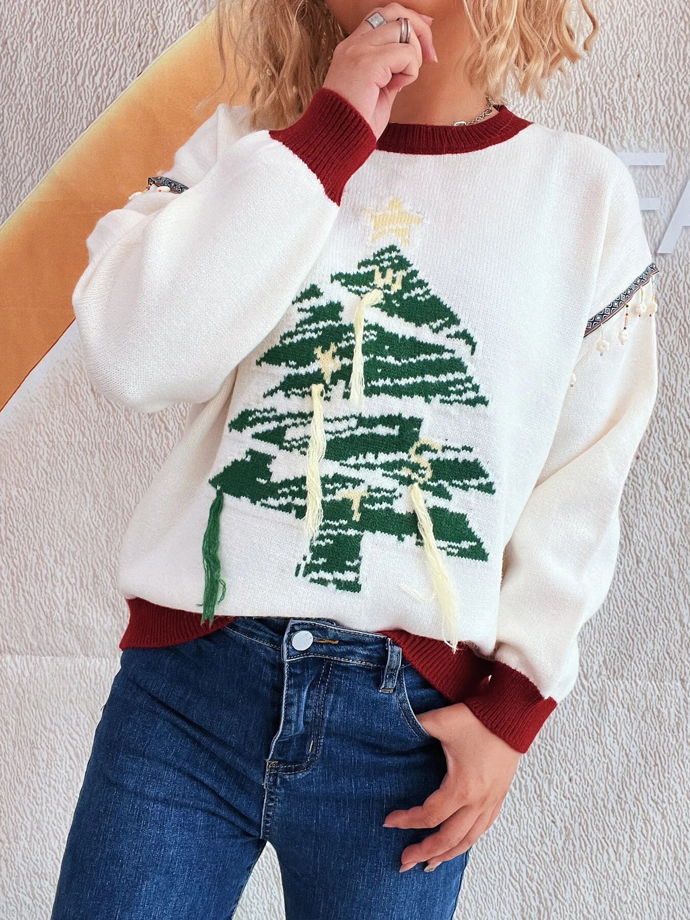 Christmas Tree Long Sleeve Sweater White One Size - Fashorio