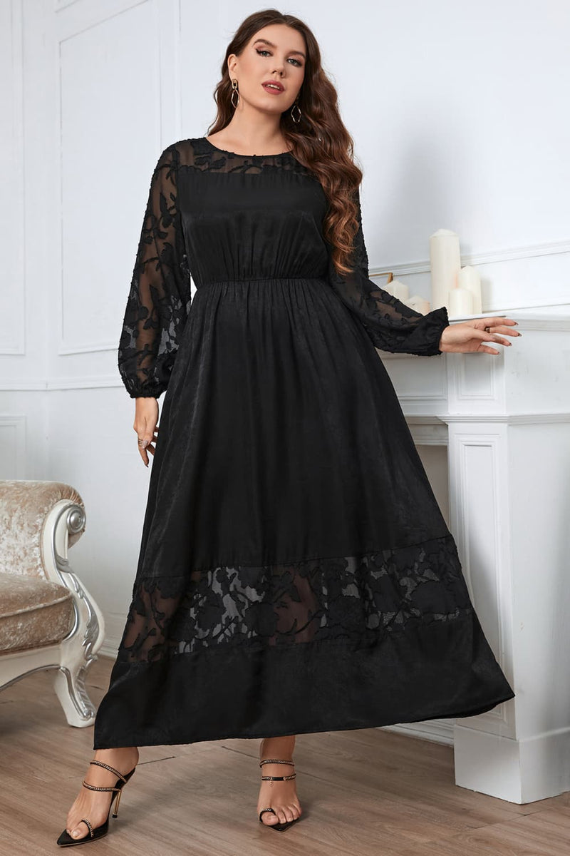 Black embroidered round neck long sleeve maxi dress front view