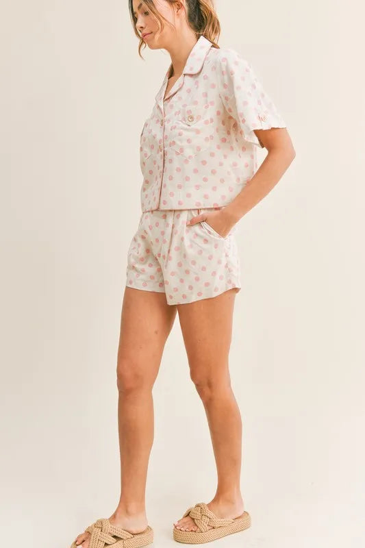 Polka Dot Collar Crop Top and Short Lounge Set on model
