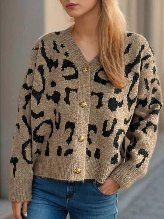 Leopard V-Neck Button Up Cardigan Camel One Size - Fashorio