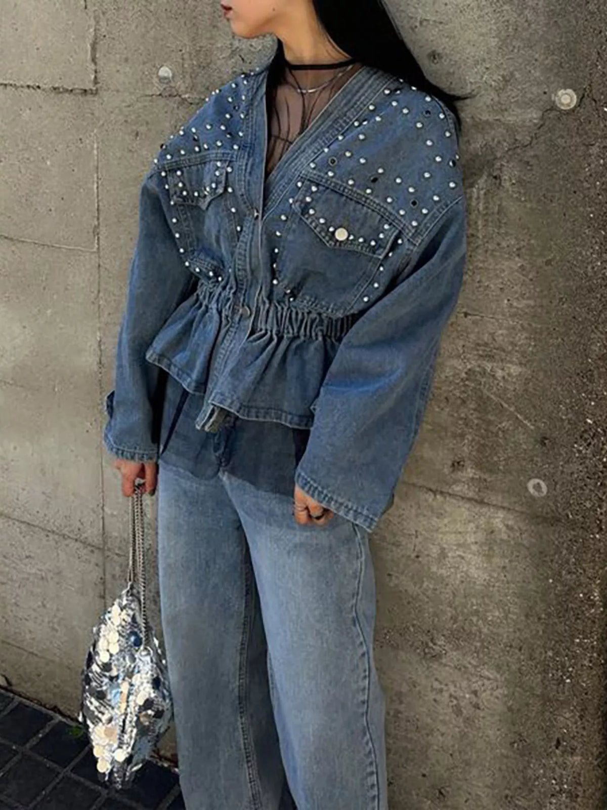 Studded Button Up Denim Jacket in Light Blue side view