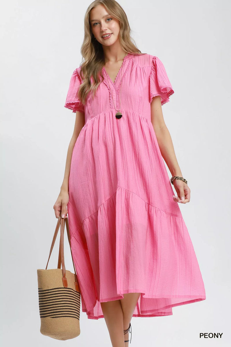 Peony pink textured tiered midi dress front view