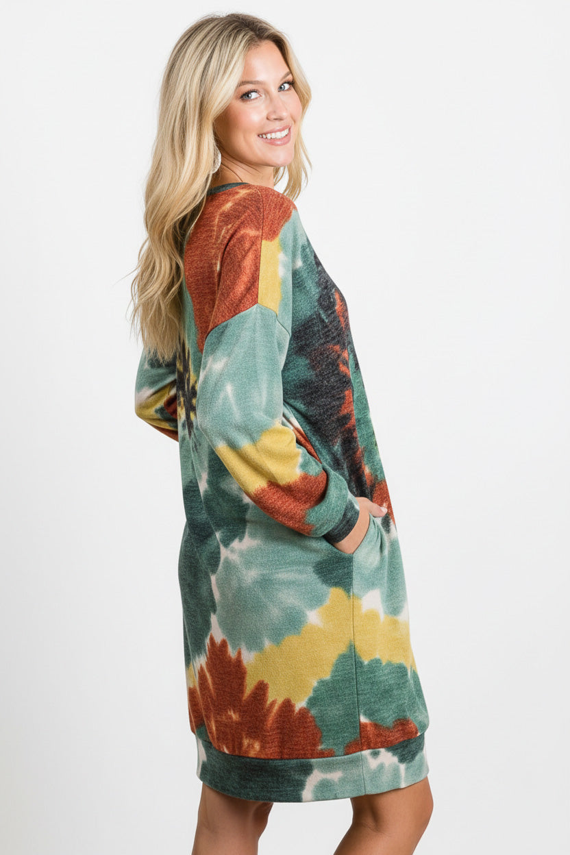 Cozy tie dye knit dress full length look