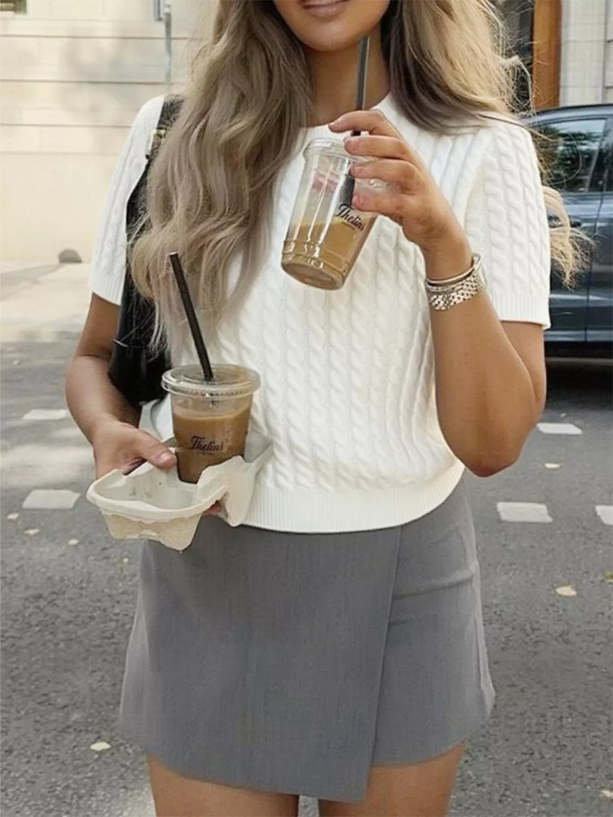 cable knit short sleeve sweater styled full outfit