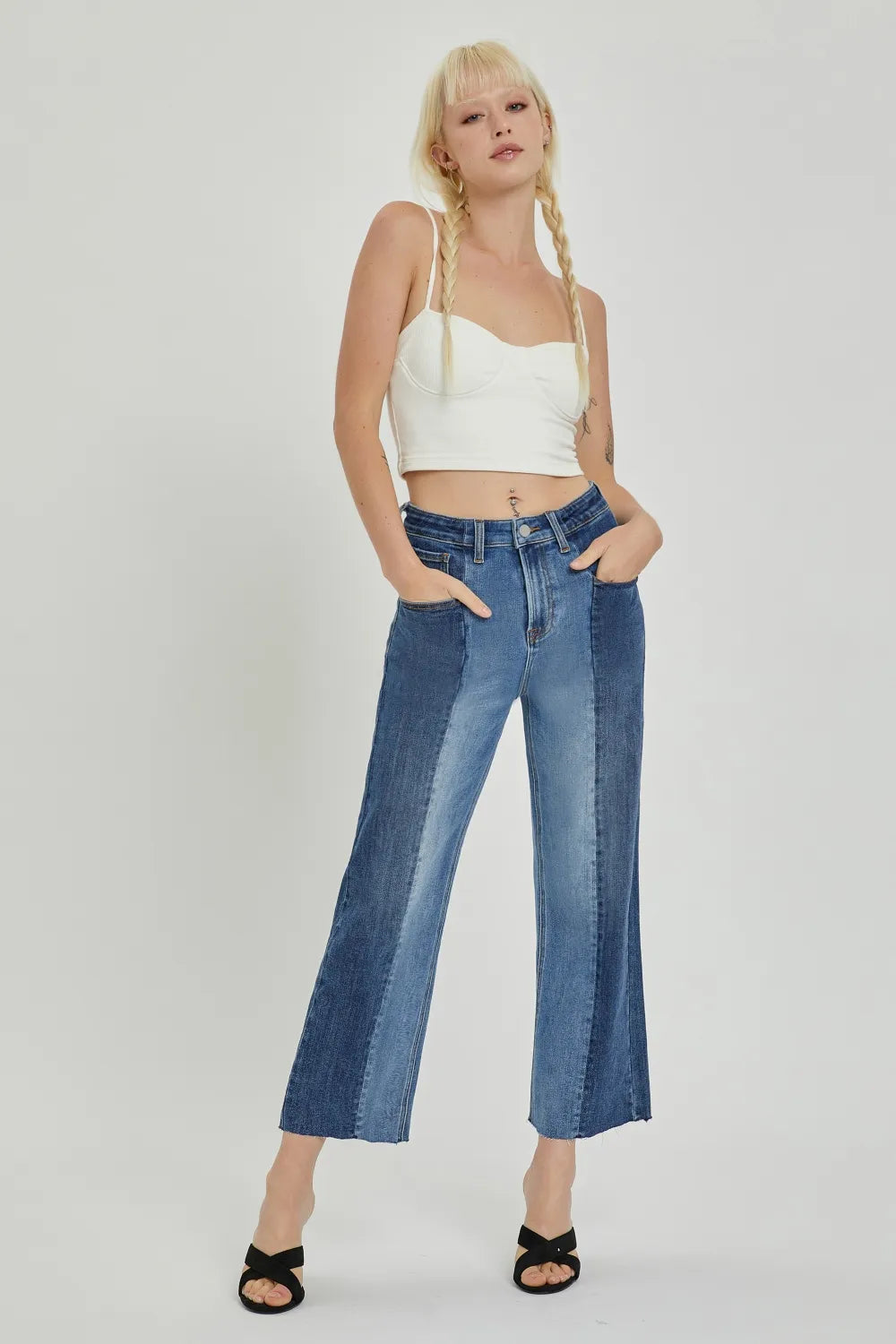 RISEN Mid-Rise Two-Tone Jeans with Pockets – Full Size Denim - Fashorio