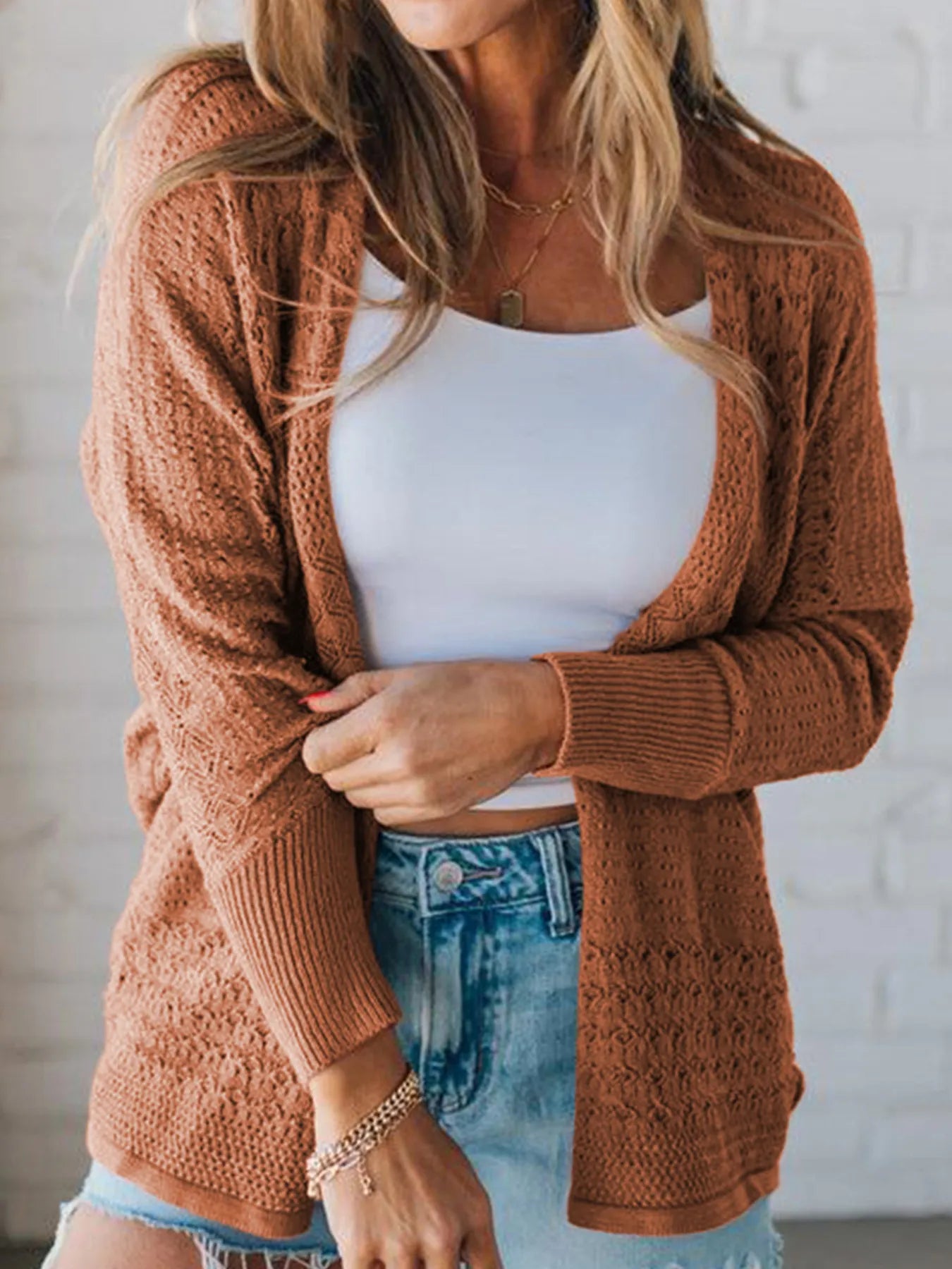 Open Front Knitted Cardigan with Eyelet Details Caramel - Fashorio