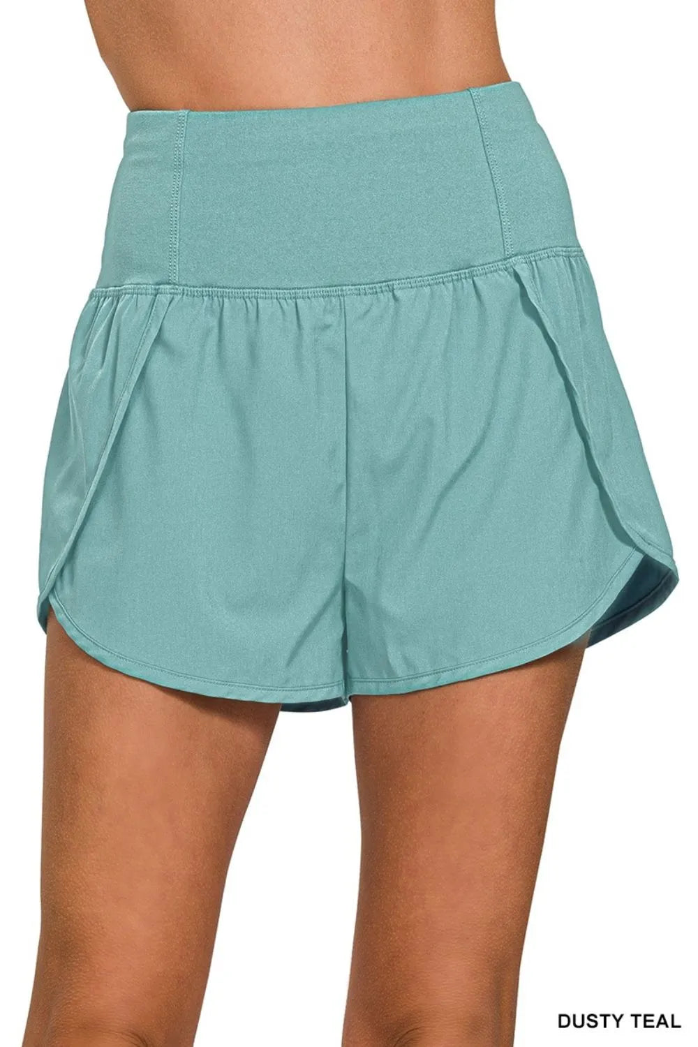 Zenana High Waisted Zippered Back Pocket Running Shorts DUSTY TEAL - Fashorio