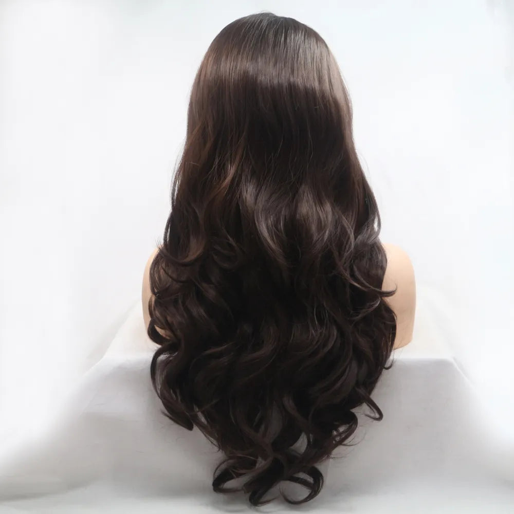 Front view of long wavy brown wig