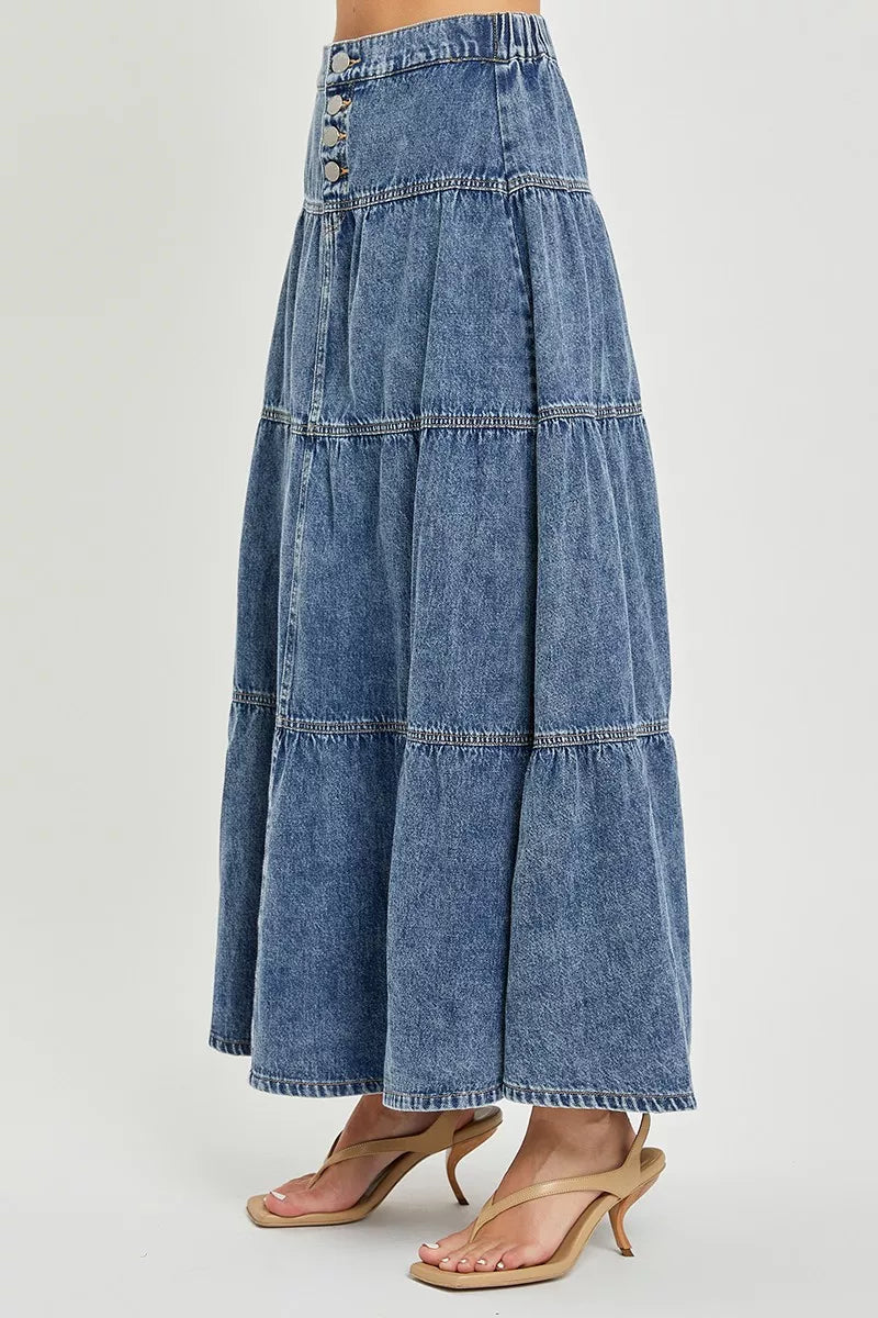 RISEN high waist tiered ruffle maxi skirt side view