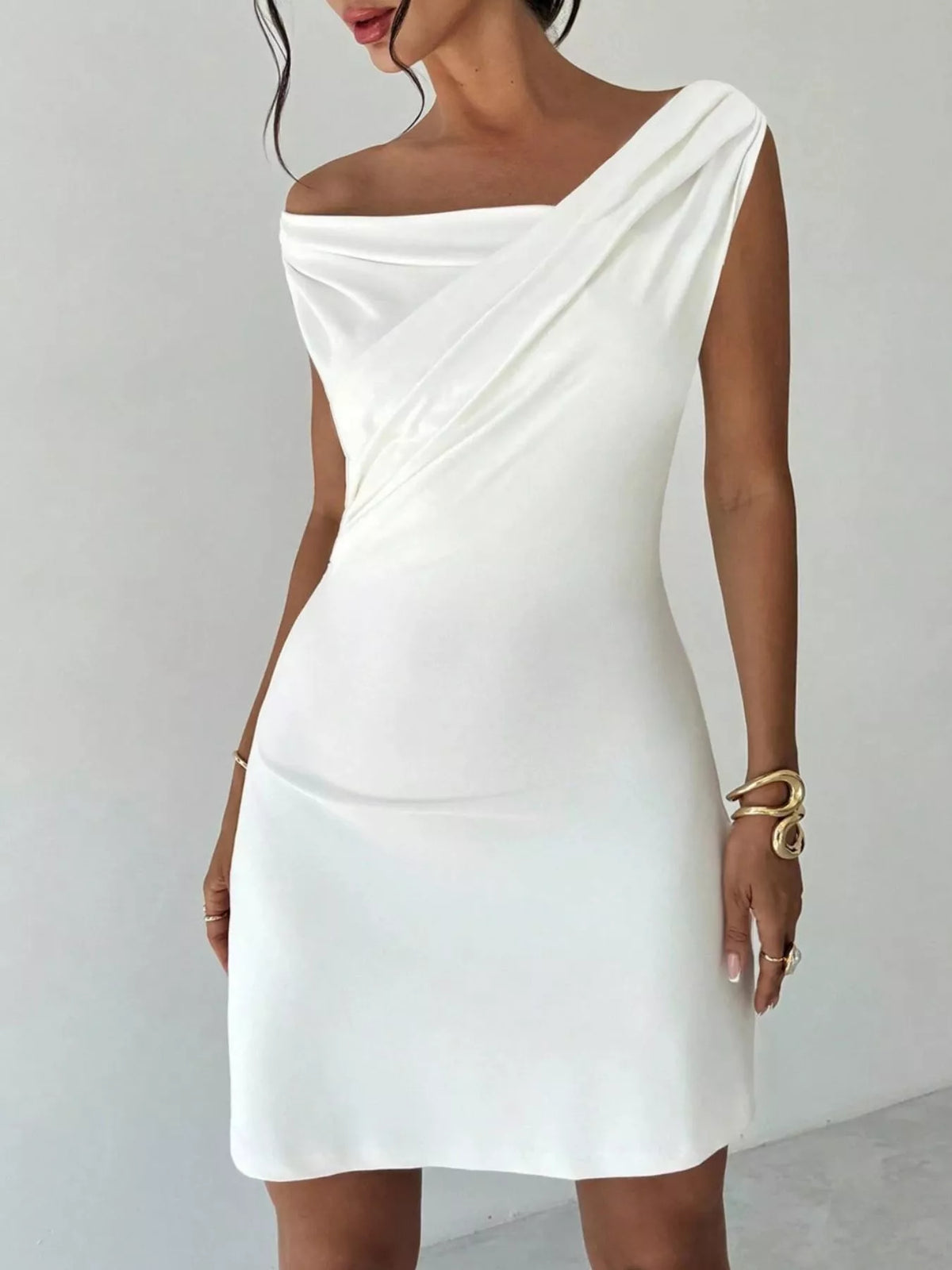 White off shoulder draped mini dress, full length view
