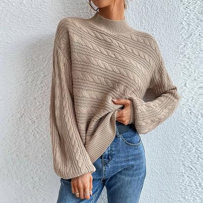 Cable-Knit Mock Neck Long Sleeve Sweater Sand - Fashorio