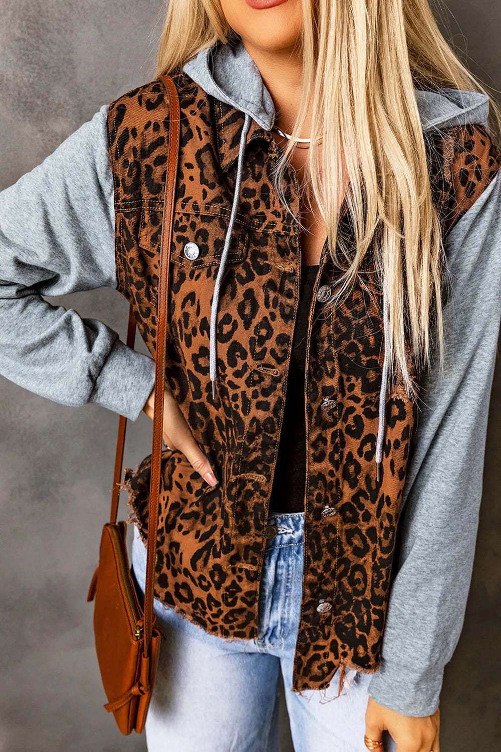 Leopard Distressed Drawstring Hooded Denim Jacket - Fashorio