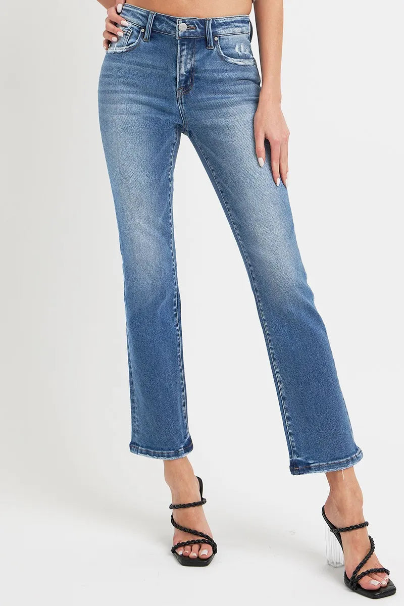 RISEN Full Size Mid Rise Ankle Straight Jeans with Pockets Dark - Fashorio