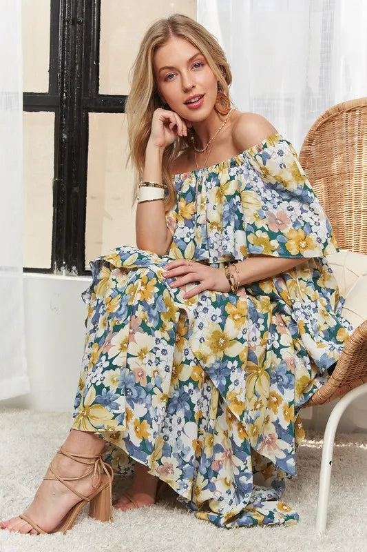 Layered Floral Off Shoulder Short Sleeve Maxi Dress