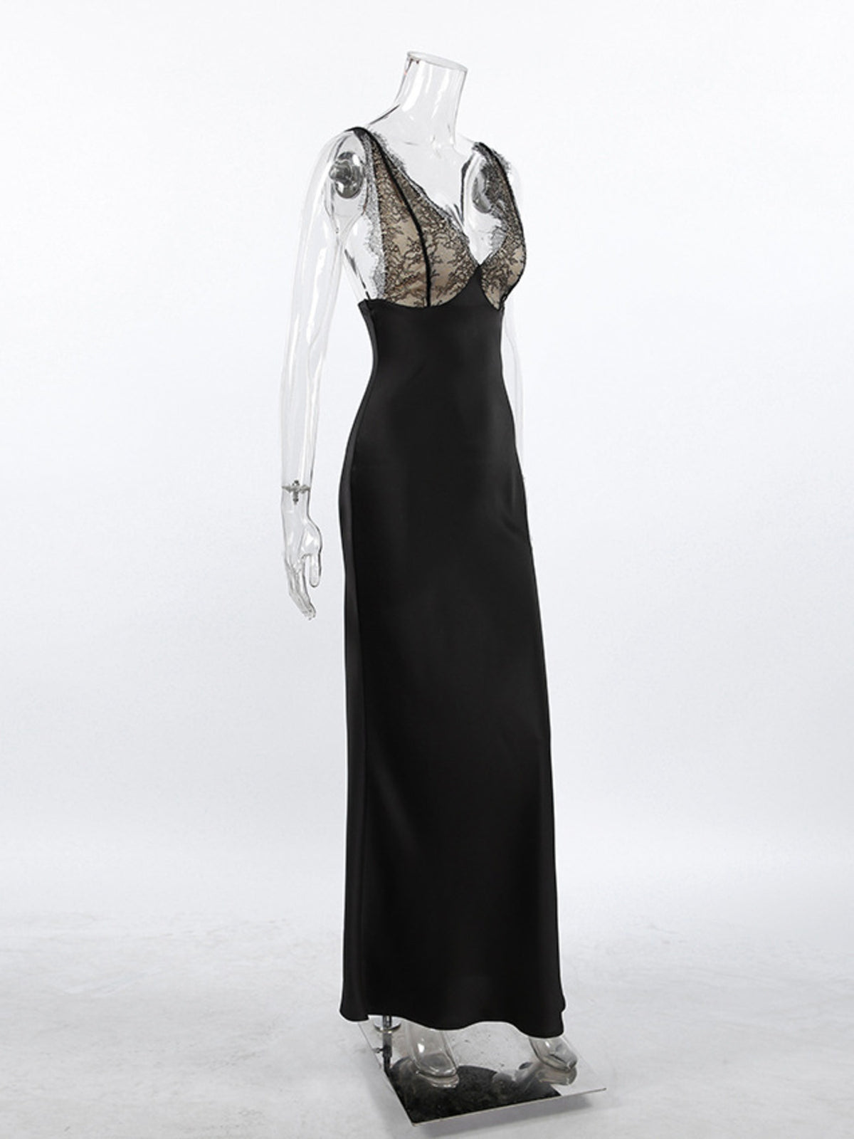 Black lace trimmed slip dress front view