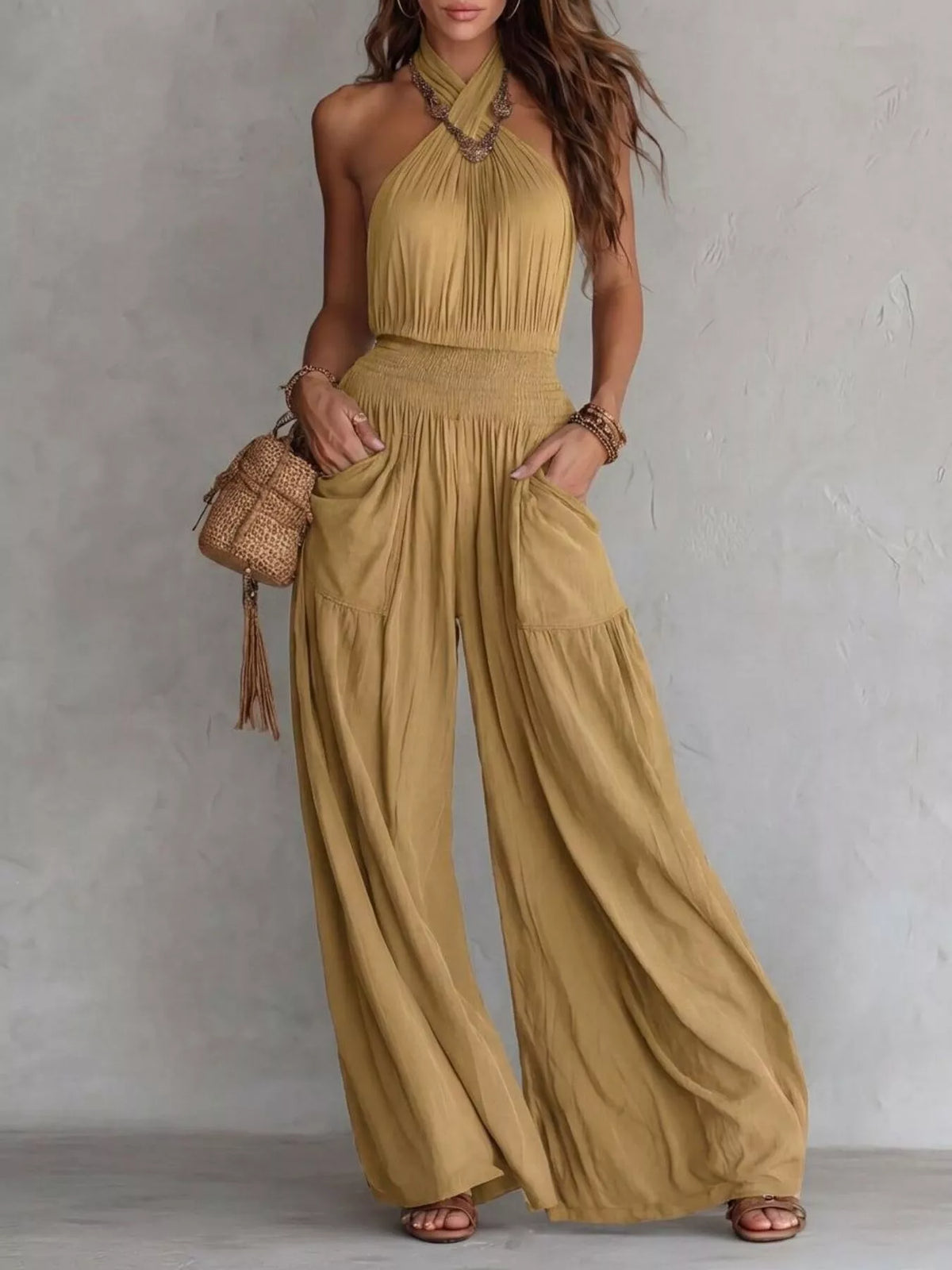 Halter neck wide leg jumpsuit angled view