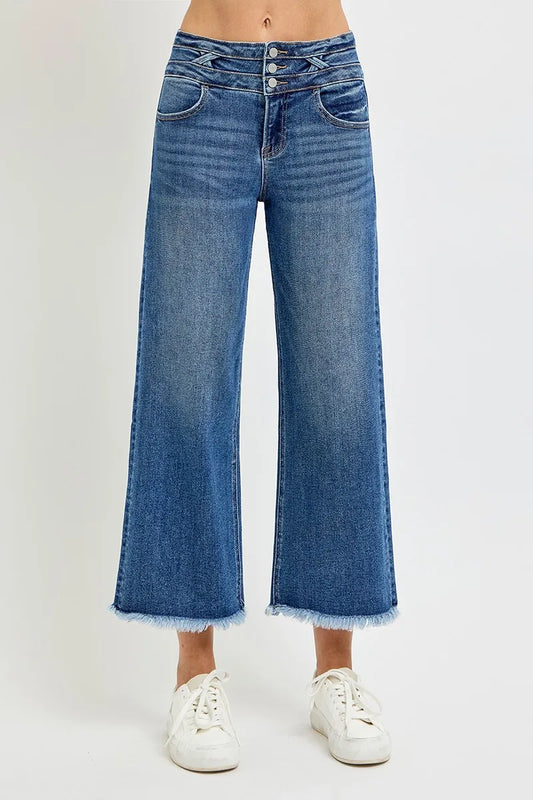 RISEN High Rise Crop Wide Leg Jeans with Wide Band Detail DARK - Fashorio